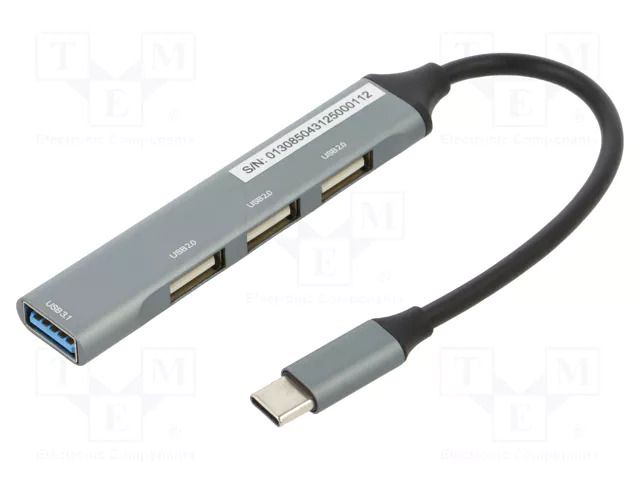 Hub USB; USB A socket x4,USB C plug; USB 3.1; grey; 0.13m GEMBIRD UHB-CM-U3P1U2P3-03