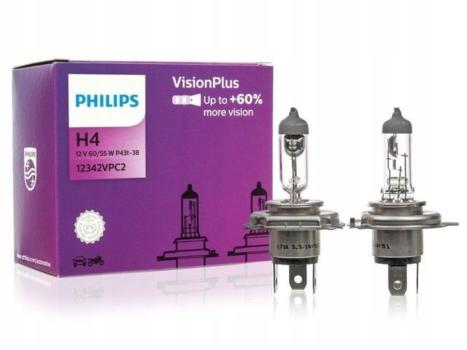 Automobiļu spuldze H4 12V 55W VisionPlus + 60% PHILIPS, 2 gab. 12342VPC2 8727900374353