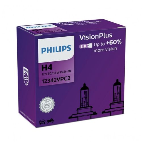 Automobiļu spuldze H4 12V 55W VisionPlus + 60% PHILIPS, 2 gab. 12342VPC2 8727900374353