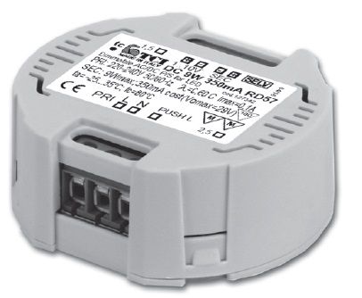 9W līdzstrāvas aptumšojami elektroniskie draiveri 12V 700mA, aptumšošana 1-10V, PUSH, Ø57x22mm, TCI 127344