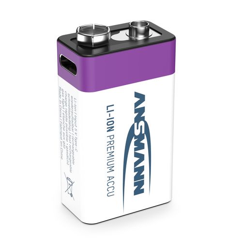 Uzlādējamas baterijas 1604 9V 400mAh (Li-Ion 3,7Wh), ar USB-C maksimālo izejas jaudu DC 9V 0,4A ANSMANN 1315-0005 4013674194001