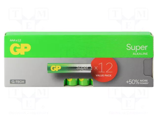 Battery: alkaline; AAA; 1.5V; non-rechargeable; 12pcs. GP BATLR03SGTECHB12GP