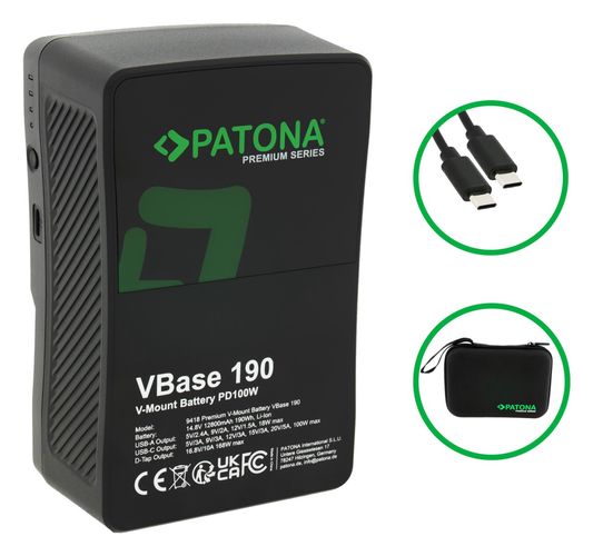 PATONA Premium V-Mount battery VBase 190 PD100W 190Wh USB-C USB-A D-Tap Samsung cells incl. hard case, PATONA 9418 4055655252164
