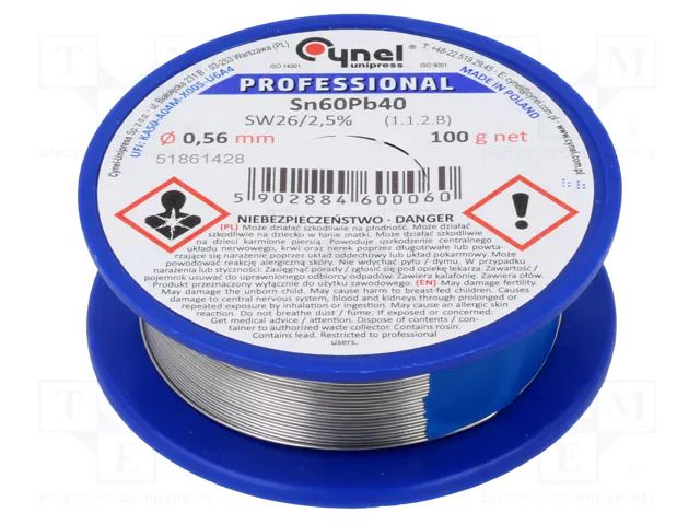 Tin; lead-based; Sn60Pb40; 0.56mm; 0.1kg; reel; 190°C; 2.5% CYNEL LC60-0.56/0.1