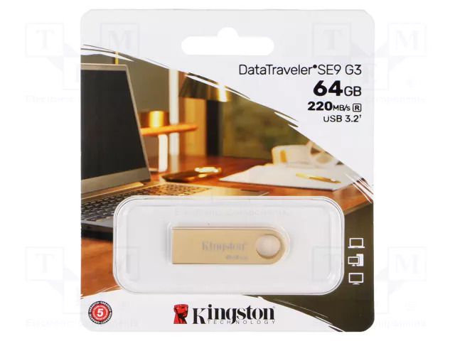 Pendrive; USB 3.2 Gen 1; 64GB; R: 220MB/s; W: 100MB/s; golden; USB A KINGSTON TECHNOLOGY DTSE9G3/64GB