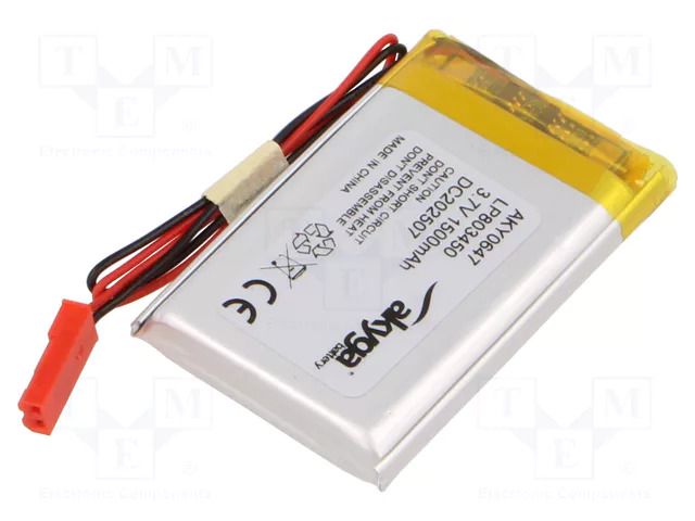 Re-battery: Li-Po; 3.7V; 1500mAh; cables,JST SYP-02T-1 socket AKYGA BATTERY AKY-LP803450