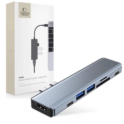 HUB Tech-Protect V5 7in1 2x USB-C - USB-A 3.0 / USB-A 2.0 / 2x USB-C / HDMI / micro SD / TF / SD card reader - gray, Tech-Protect 5906302303038 5906302303038