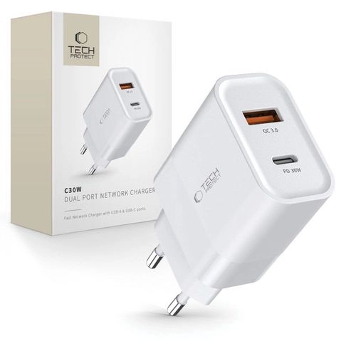 Tech-Protect C30W charger USB-C PD 30W / USB-A QC 3.0 - white, Tech-Protect 5906302305223 5906302305223