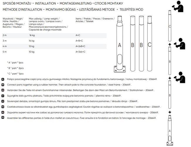 Apgaismes dalītais stabs 4m melns 206618 5905378206618