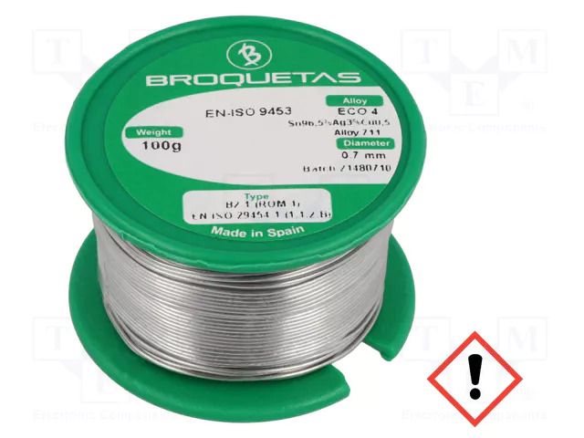 Tin; lead free; Sn96,5Ag3Cu0,5; 0.7mm; 0.1kg; reel; 217÷220°C BROQUETAS ECO4-07/01H