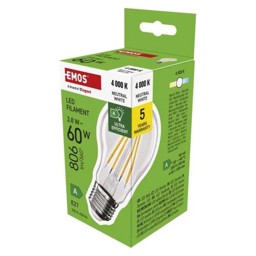 LED Bulb Filament A60 A CLASS/ E27 / 3.8 W (60 W) / 806 lm / neutral white, EMOS ZF5148 8592920120620