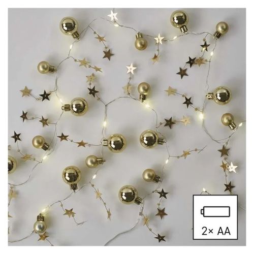 LED Christmas garland – golden spheres with stars, 1.9 m, 2x AA, indoor, warm white, timer, EMOS DCGW11 8592920111369