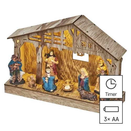 LED Christmas nativity scene, wooden, 19 cm, 3x AA, indoor, warm white, timer, EMOS DCWW14 8592920098080