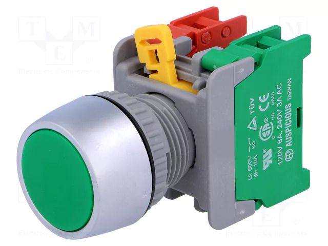 Switch: push-button; 22mm; Stabl.pos: 1; NC + NO; green; none; IP65 AUSPICIOUS PBF22-1-O/C-G