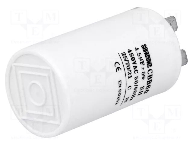 Capacitor: polypropylene; motors, run; 4.5uF; 450V; Ø35x60mm; ±5% SR PASSIVES CBB60A-4.5/450