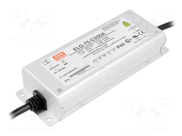 Power supply: switching; LED; 75W; 107÷214VDC; 175÷350mA; IP65 MEAN WELL ELG-75-C350A