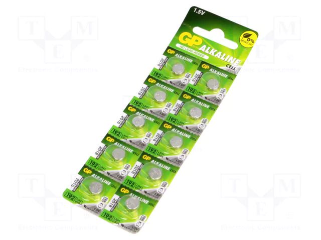 Battery: alkaline; LR41,coin,R736; 1.5V; non-rechargeable; 10pcs. GP BAT-AG3/GP-B10