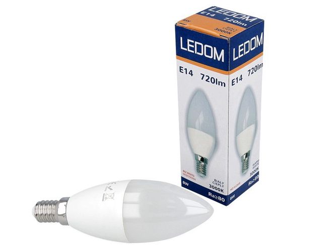 Spuldze LED E14 230V 8W 720lm C37 sveces formas, silti balta 3000K, LEDOM 471215