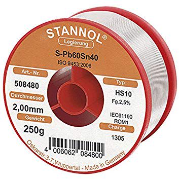 Lodalvas stieple PB60/SN40 2.0mm 250g ar kusni Stannol (tikai profesionālai lietošanai) S/508480 4006062084800