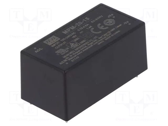 Converter: AC/DC; 20W; Uin: 80÷264VAC; 15VDC; Iout: 1.4A; OUT: 1; 87% MEAN WELL MPM-20-15