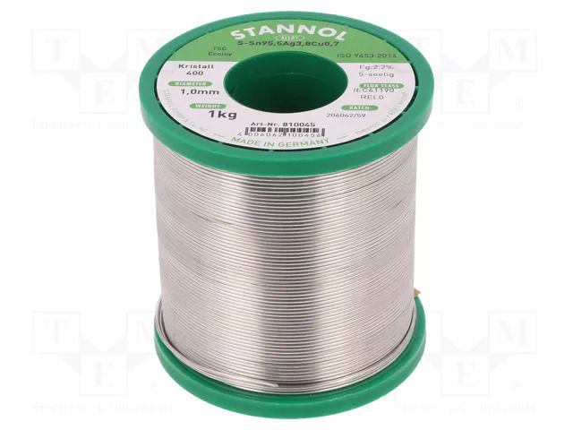 Tin; lead free; Sn95,5Ag3,8Cu0,7; 1mm; 1kg; reel; 217°C; Flux: SW33 STANNOL SN955K400/1.0/1.0