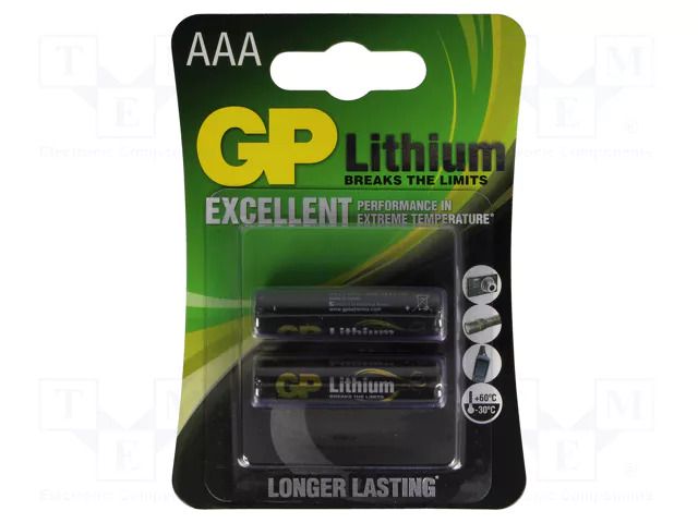 Battery: lithium; AAA; 1.5V; non-rechargeable; 2pcs. GP BAT-FR3-GP/BL2