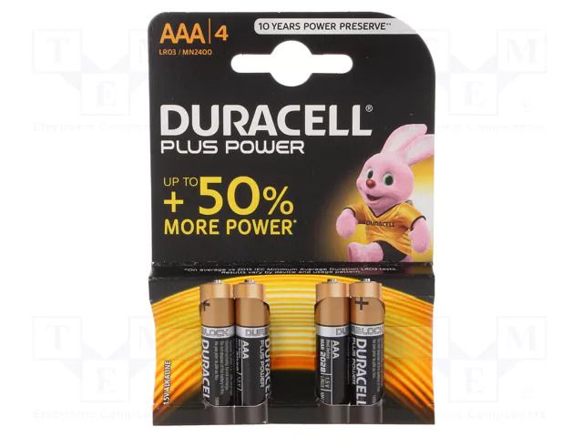 Battery: alkaline; AAA,R3; 1.5V; non-rechargeable; 4pcs; Plus DURACELL BAT-LR03/DR-PLUSB4