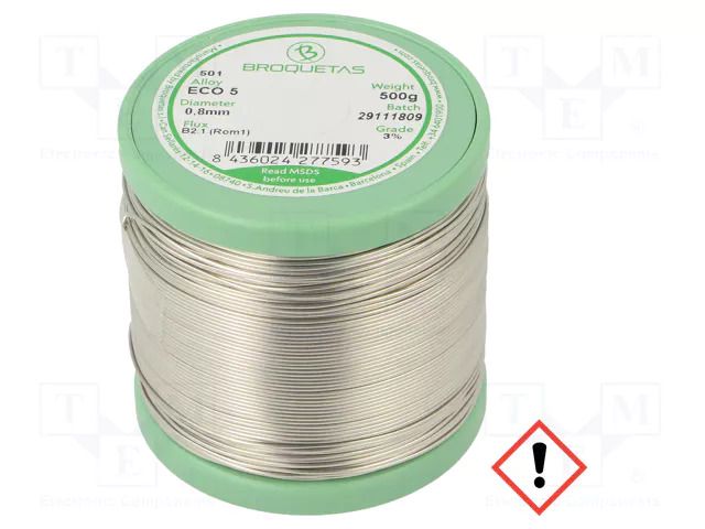 Tin; lead free; Sn99Cu0,7Ag0,3; 0.8mm; 0.5kg; reel; 217÷227°C BROQUETAS ECO5-08/05H