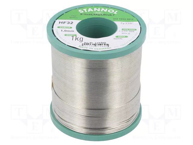 Tin; lead free; Sn95,5Ag3,8Cu0,7; 1mm; 1kg; reel; 217°C; Flux: SW32 STANNOL SN955HF32/1.0/1.0