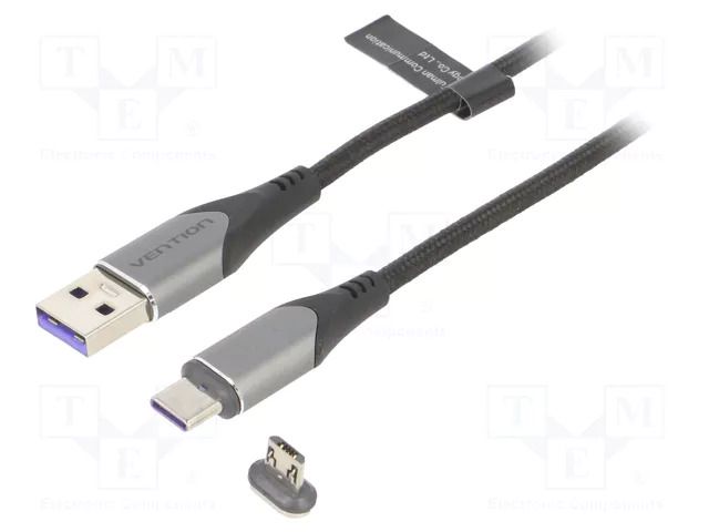 Cable; magnetic,USB 2.0; 1.5m; black; Cu,tinned; 480Mbps; textile VENTION CQNHG