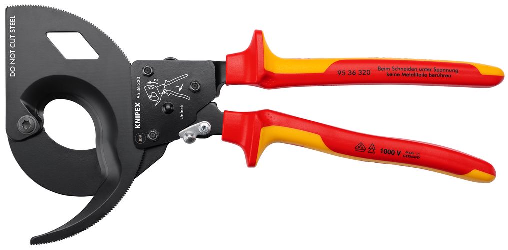KNIPEX 95 36 320 Cable Cutter (ratchet principle, 3-stage) insulated with multi-component grips, VDE-tested black atramentized 320 mm 95 36 320 4003773075189