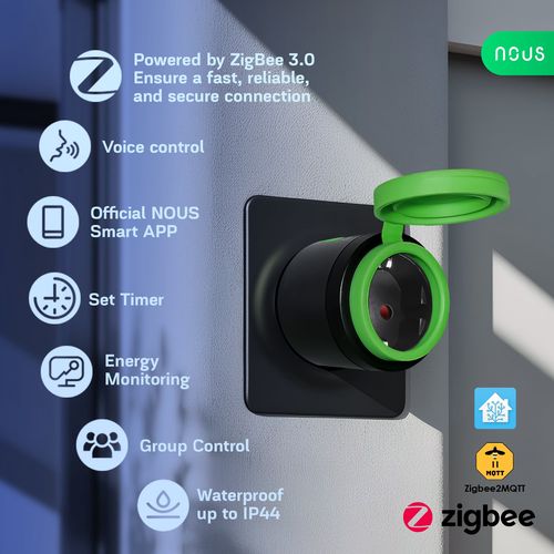 Izmanioji rozete ZigBee, 230Vac 16A, hermetiška IP44, ar enerģijas matavimu, TUYA / Smart Life NOUS-A6Z 5905072800631