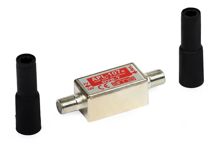 DVB-T signāla pastiprinātājs (174-790 MHz) 20dB ar F ligzdu, 12V 60ma AMS APL-107