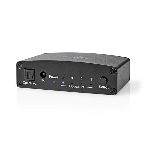 Digital Audio Switch | 4-way | Audio / video / data connections input: DC Power / 4x TosLink | Audio / video / data connections output: TosLink Female | Manual / Push Button / Remote Control | Metal | Black ASWI2514BK 5412810403783