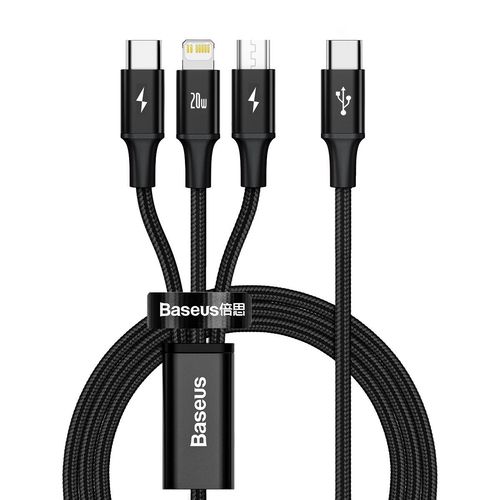 Kabelis USB C spraudnis un pārejas uz 3 spraudņiem (USB C (līdz 15W), micro USB (līdz 10W), lightning (līdz 20W)) 1.5m melns Rapid BASEUS CAMLT-SC01 6953156204294