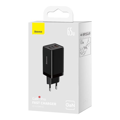 Sienas lādētājs GaN5 Pro 65W USB + 2xUSB-C QC3.0 PD3.0 ar USB-C1m kabeli, melns CCGP120201 6932172617523