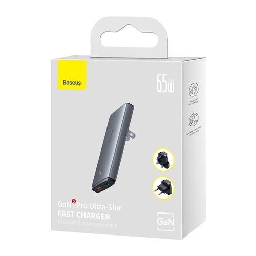 Sienas lādētājs GaN5 Pro Ultra-Slim 65W USB + USB-C QC3.0 PD3.0 ar USB-C 1 m kabeli, pelēks CCGP150113 6932172618353