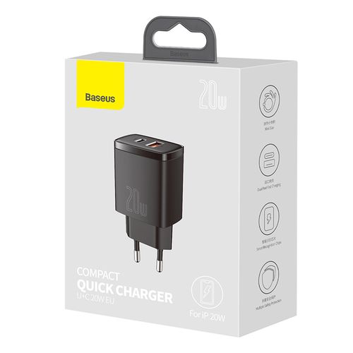 Ātrais lādētājs 20W USB + USB-C QC3.0 PD3.0, melns CCXJ-B01 6953156207233