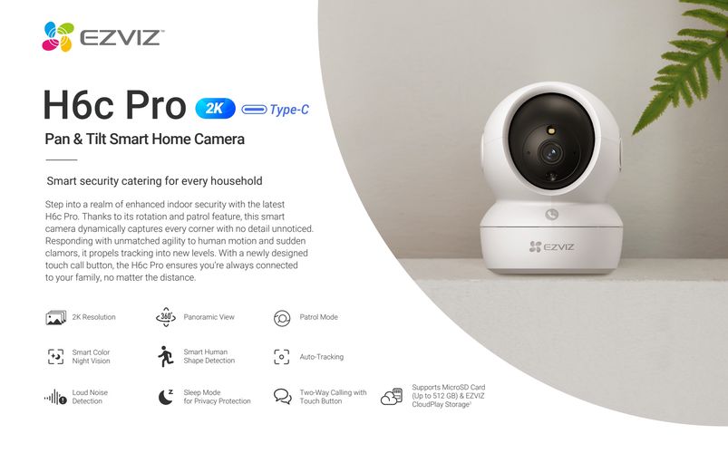 Bezvadu Wi-Fi kamera H6C PRO, 3MP 2K, 360° PT, Micro SD līdz 512 GB, IP20, EZVIZ CS-H6C-3MP 6941545632667