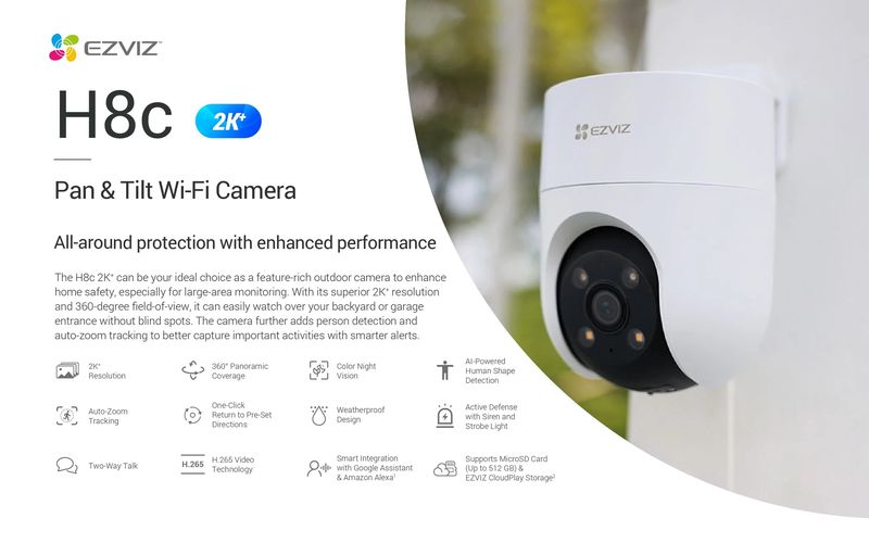 Bezvadu Wi-Fi kamera H8C, 1080p, DOME PT, F4 mm, regulējama, IP65, EZVIZ CS-H8C-3MP 6941545632223