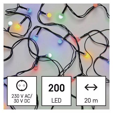 LED virtene MAZĀS Bumbiņas, 230Vac, 20m, 200x LED, daudzkrāsaina, ar taimeri, EMOS D5AM03 8592920096130