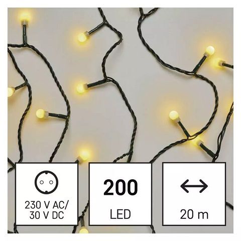 LED virtene MAZĀS Bumbiņas, 230Vac, 20m, 200x LED, silti baltas, ar taimeri, EMOS D5AW03 8592920096017