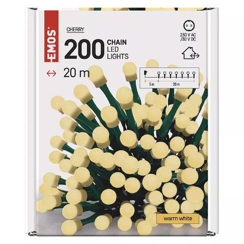 LED virtene MAZĀS Bumbiņas, 230Vac, 20m, 200x LED, silti baltas, ar taimeri, EMOS D5AW03 8592920096017