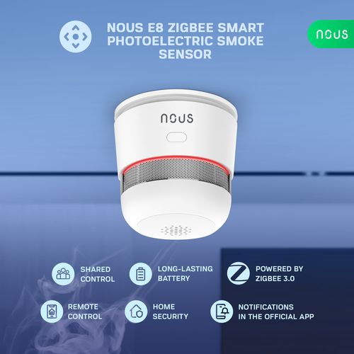 Viedais bezvadu iekštelpu dūmu sensors ar 85 dB sirēnu, TUYA ZigBee MQTT NOUS-E8 5905072800662