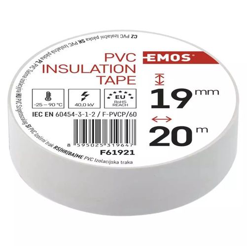 Elektroizolācijas lente PVC 19mm x 013mm x 20m, balta F61921 8595025319647; 8595025342393