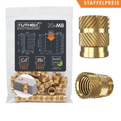 RUTHEX M8 misiņa vītņotie ieliktņi RX-M8X12.7 - 20 gab. GE-M8x127-001 4260528720965