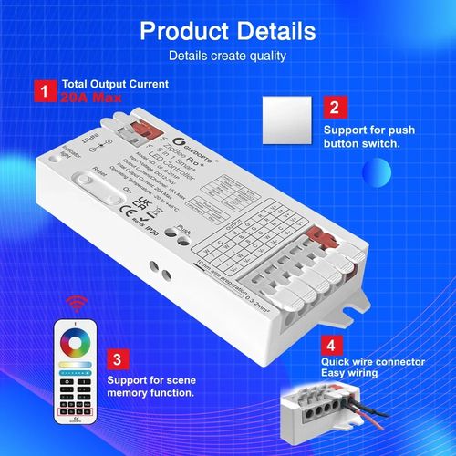 LED valdiklis ZigBee PRO+ RF, 12-24Vdc, 15A/CH, 20A MAX, RGB, RGBW, RGB+CCT, CCT, DIM, PUSH-DIM GL-C-201P 6978699220068