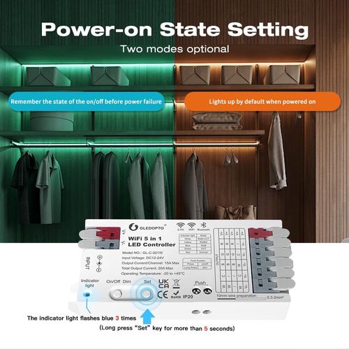 LED valdiklis Wi-Fi + RF, 12-24Vdc, 15A/CH, 20A MAX, RGB, RGBW, RGB+CCT, CCT, DIM, PUSH-DIM GL-C-201W 6978699220129