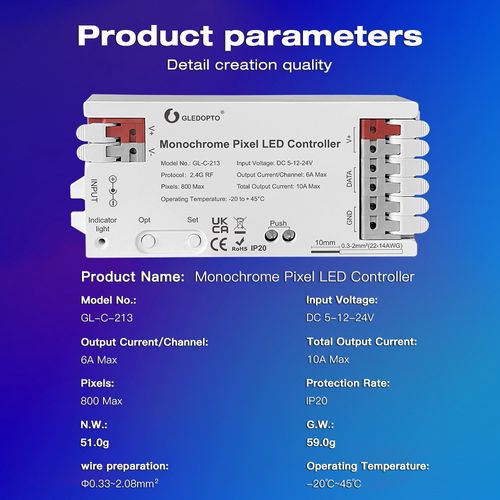 LED controller for monochrome digital strips, 5-24Vdc, 800pix GL-C-213 6978699220457