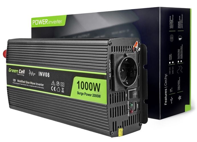 Automašīnas sprieguma pārveidotājs 12Vdc/230Vac 1000W(2000W) USB 5V 2.1A; Green Cell INV08 5902719427879